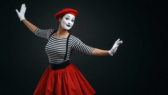 Woman dressed as mime with white face paint and red skirt performing on dark background