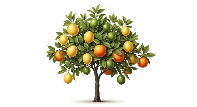 Mango tree with ripe and unripe fruit isolated on white background