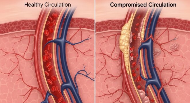 A comparative illustration of healthy versus compromised blood circulation, depicting the impact of circulatory issues on the body