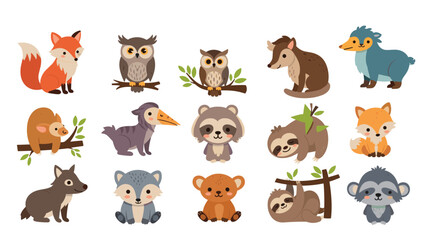 Fototapeta premium Extensive collection of adorable cartoon woodland and jungle animals including foxes, owls, raccoons, and sloths on a white background.
