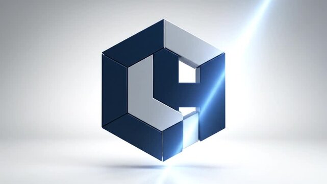 Geometric Hexagonal Logo In Metallic Blue And Silver Finishes Rotating On A Clean White Studio Background With Lens Flare Light Effect