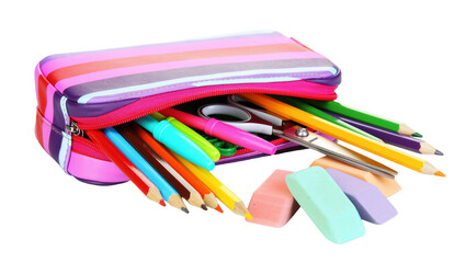 Fototapeta premium Pink zippered pencil case filled with colorful pens pencils, and erasers