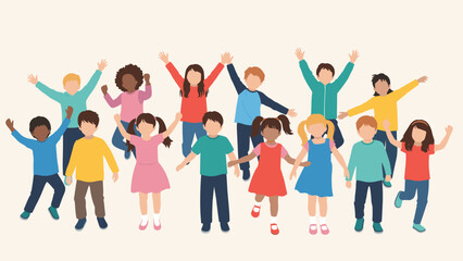 Fototapeta premium Large group of diverse children raises their arms in excitement and cheers together against a light neutral background in a flat style.