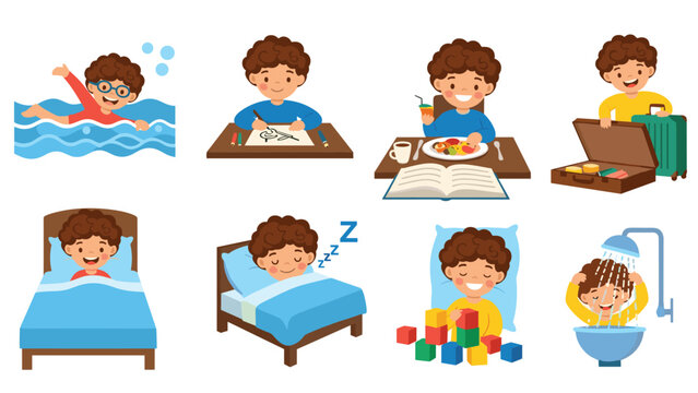 Daily routine grid shows a young boy performing various activities such as swimming, studying, eating, packing, sleeping, and playing.