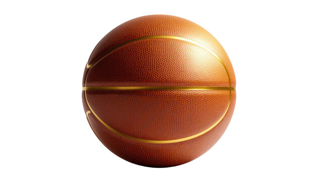 Brown textured basketball with gold lines and logo