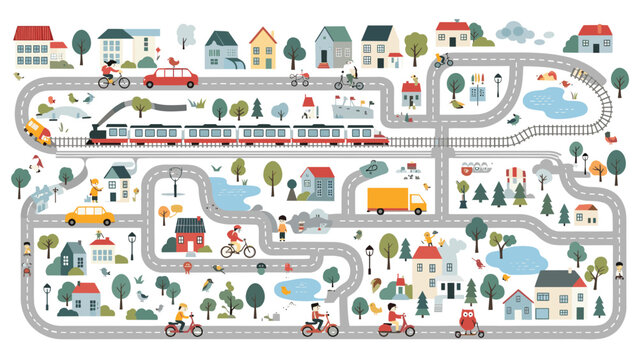 Detailed top-down map of a miniature town featuring roads, houses, parks, trains, and people in a playful and colorful illustration style.