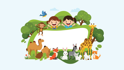 Obraz premium Diverse group of cute animals including a giraffe, camel, and fox gathered around two happy children and a blank white sign in a green park.