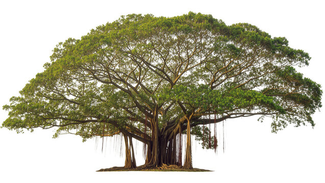 Mature sprawling Banyan tree with aerial roots and dense green foliage