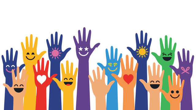 Vibrant illustration of numerous diverse colorful hands raised in unison, decorated with smiley faces, hearts, and suns to symbolize unity and joy.
