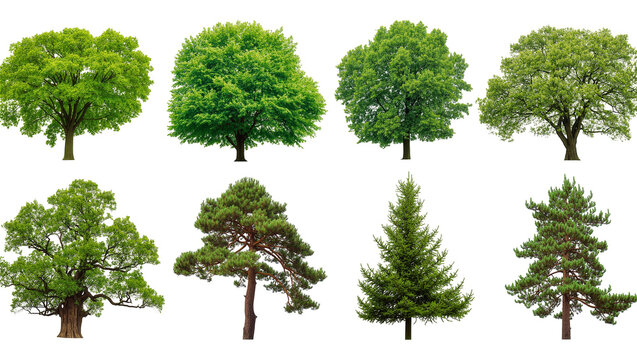 Various deciduous and evergreen trees with green foliage and brown trunks
