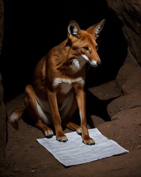 A wild born shadow Ethiopian wolf reading a map in a cave