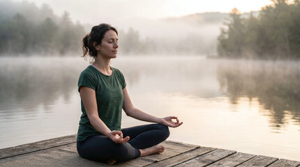 Fototapeta premium A young Caucasian woman with brown hair meditates on a wooden dock by a misty lake at sunrise. The serene nature setting enhances her peaceful expression.