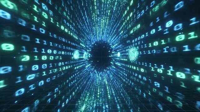 Dynamic binary code tunnel in futuristic style on dark background, concept of data flow and digital speed