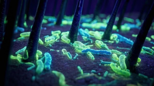 Microscopic view of bacterium moving across human scalp skin between hair follicle in a glowing close-up