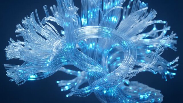 Blue light signals moving through a neural fiber network forming a technological AI brain interface structure