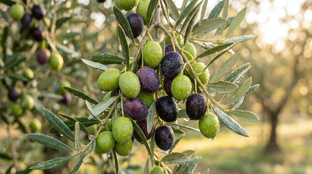 Olive tree branches with ripe green and black olives. The background features a blurred olive grove under soft sunlight.