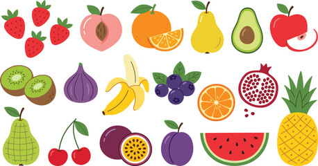 Obraz premium Colorful fruit collection with various fresh tropical and healthy food elements vector illustration set for nutrition design
