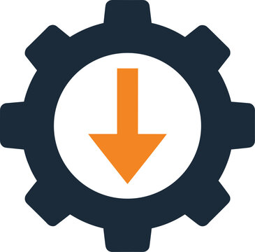 Gear with downward arrow icon symbol for download process settings or system update configuration data loading industrial operation.