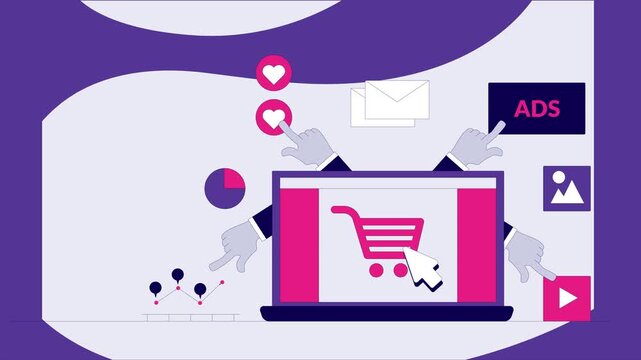 E-commerce Digital Marketing Animation: Laptop with Hands Managing Ads and Social Media Loop