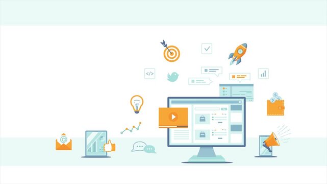 Business Startup and Digital Marketing Animation: Desktop Monitor with Rocket Launch and Marketing Icons Loop