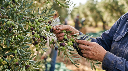 Obraz premium Hands of a farmer harvesting olives from an olive tree. Green and black olives are visible on the branches. The scene is set in an olive grove.