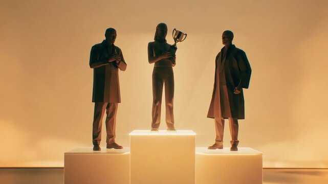 People step onto illuminated podium as trophy holder stands on center platform in warm studio spotlight