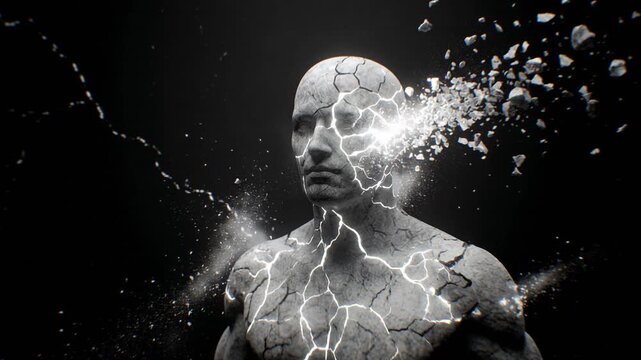Cracked human figure breaking apart with glowing lightning across body while turning in dark background