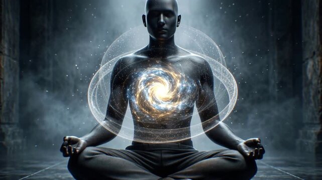 Person meditating as a glowing spiral galaxy rotates in the chest with luminous rings moving through a dark hall