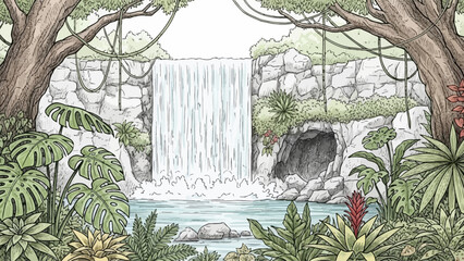 A serene tropical waterfall cascades into a clear pool surrounded by lush jungle foliage and a © bagmany