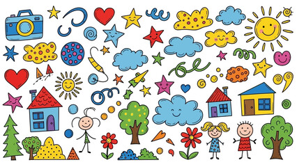Obraz premium Hand drawn colorful doodle elements and icons for kids design in stick figure style.
