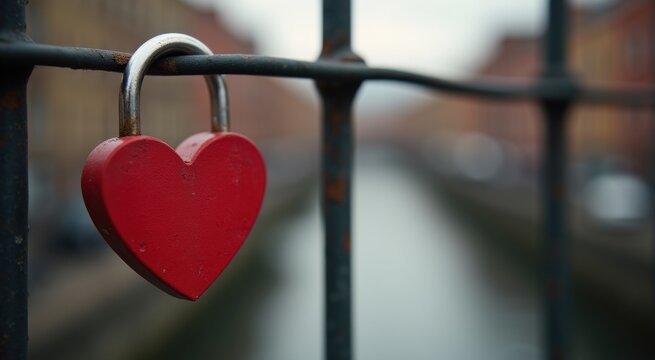Red heart shaped padlock on a fence