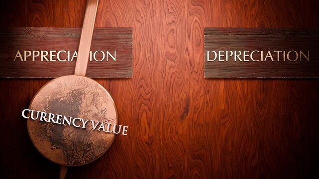 Currency value swings between appreciation and depreciation. Visualizing a repeated pattern of Currency value that cycles between extremities: appreciation and depreciation.