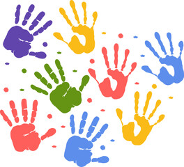 Fototapeta premium Hand rainbow print isolated on white background. Color child handprint. Creative paint hands prints. Happy childhood design. Artistic kids stamp, bright human fingers and palm. Vector illustration