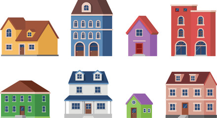 Set of diverse residential building vector icons featuring modern suburban houses apartment blocks and cottage facades isolated on white © Mst Farida