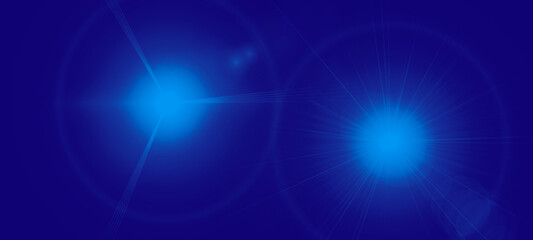 Fototapeta premium light leak lens flare sun light effect background Two bright blue light bursts with dark blue background, abstract science and technology visuals with glowing starburst and circular patterns.
