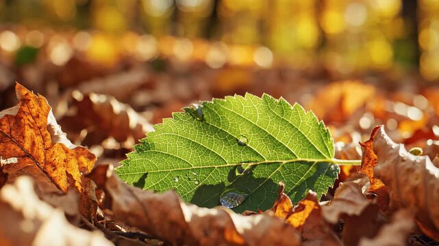 Closeup of a single green leaf on a bed of fallen autumn leaves.