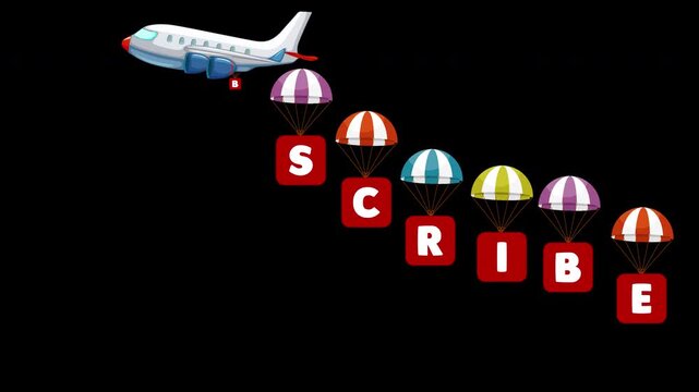 Cartoon Plane Dropping Subscribe Letters with Parachutes Animation on Transparent Background. This creative call-to-action is perfect for childrens channels, gaming vlogs and creative video projects