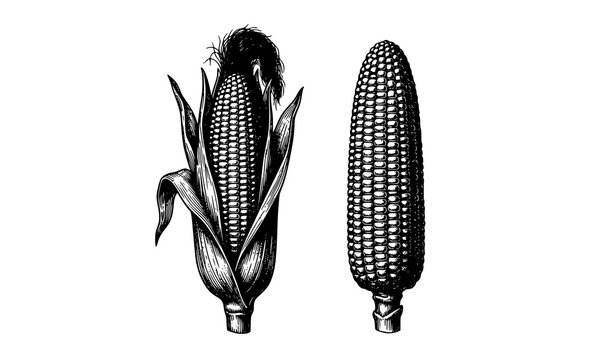 Vintage corn engraving vector with husk and kernel detail botanical maize line art isolated on white