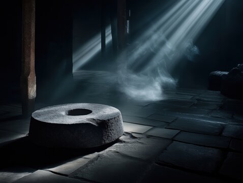 Antique stone millstone resting on a dark tile floor illuminated by dramatic shafts of light from above beams