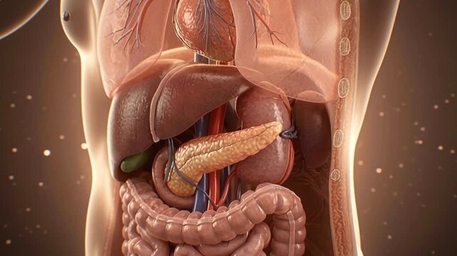 Human digestive organs moving within transparent torso showing liver pancreas stomach and intestines in detail