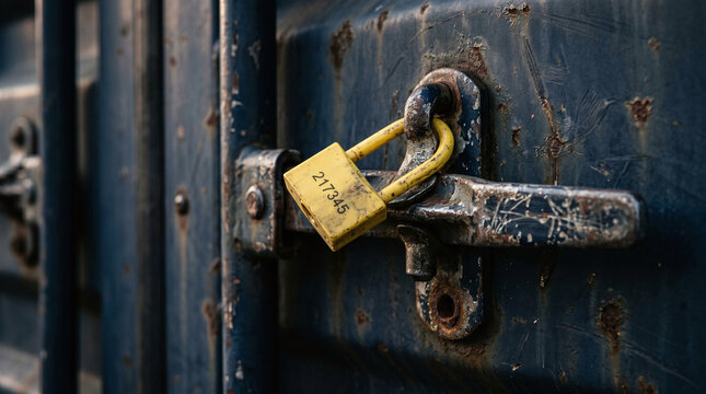 A close-up of a rusty shipping container lock with a yellow padlock. The metal surface shows signs of wear and corrosion, emphasizing its industrial use.