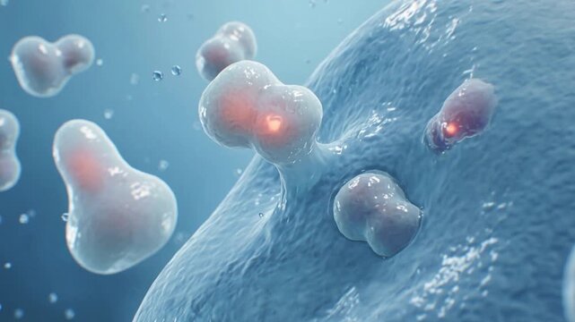 Microscopic cell membrane forming a rounded protrusion with glowing core in a fluid biological environment