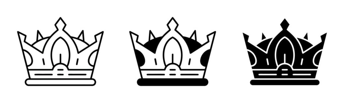 Crown icon set outline and solid glyph styles, white background, vector Illustration