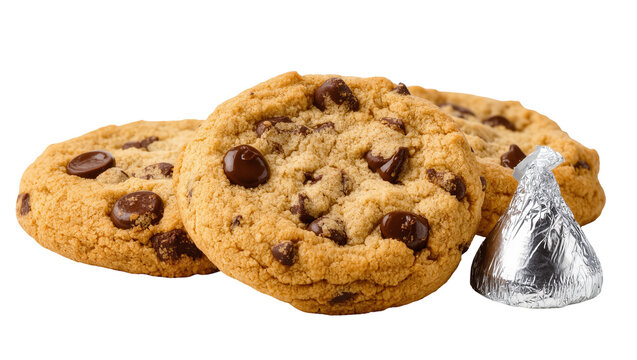 Chocolate chip cookies with Hershey s Kiss candy next to them