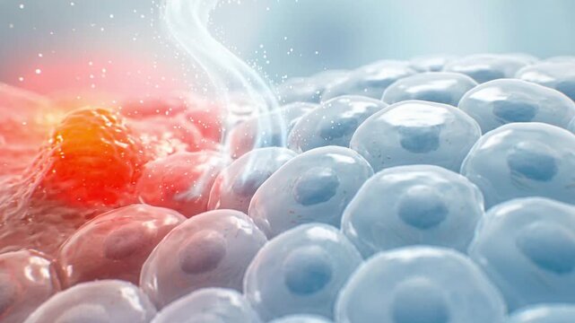 Heat and inflammation moving across skin cells in close-up medical view of irritated tissue surface layer