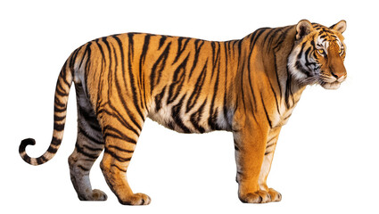 Obraz premium Orange striped Bengal tiger standing in profile view