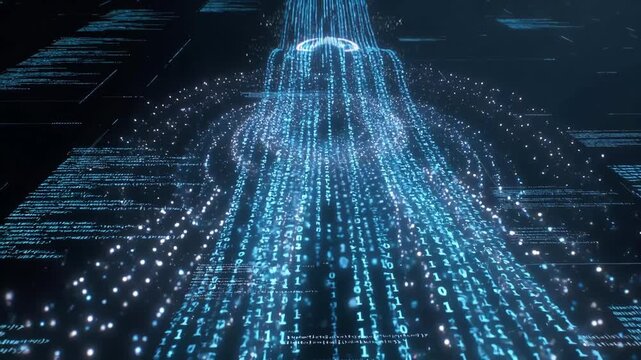 Blue binary code streams forming abstract digital tunnel in glowing futuristic style on dark background, concept of data flow