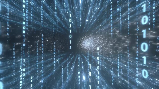 Streams of binary digits forming a glowing digital tunnel in abstract style on dark background, concept of data flow