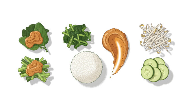 Indonesian Gado Gado Salad Ingredients Illustration with Peanut Sauce and Rice