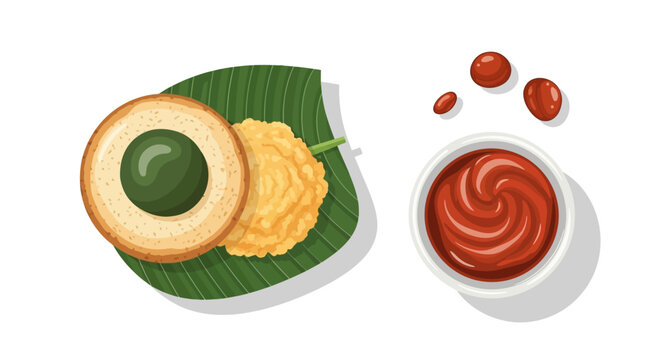Top view illustration of Indonesian serabi pancake with sambal sauce